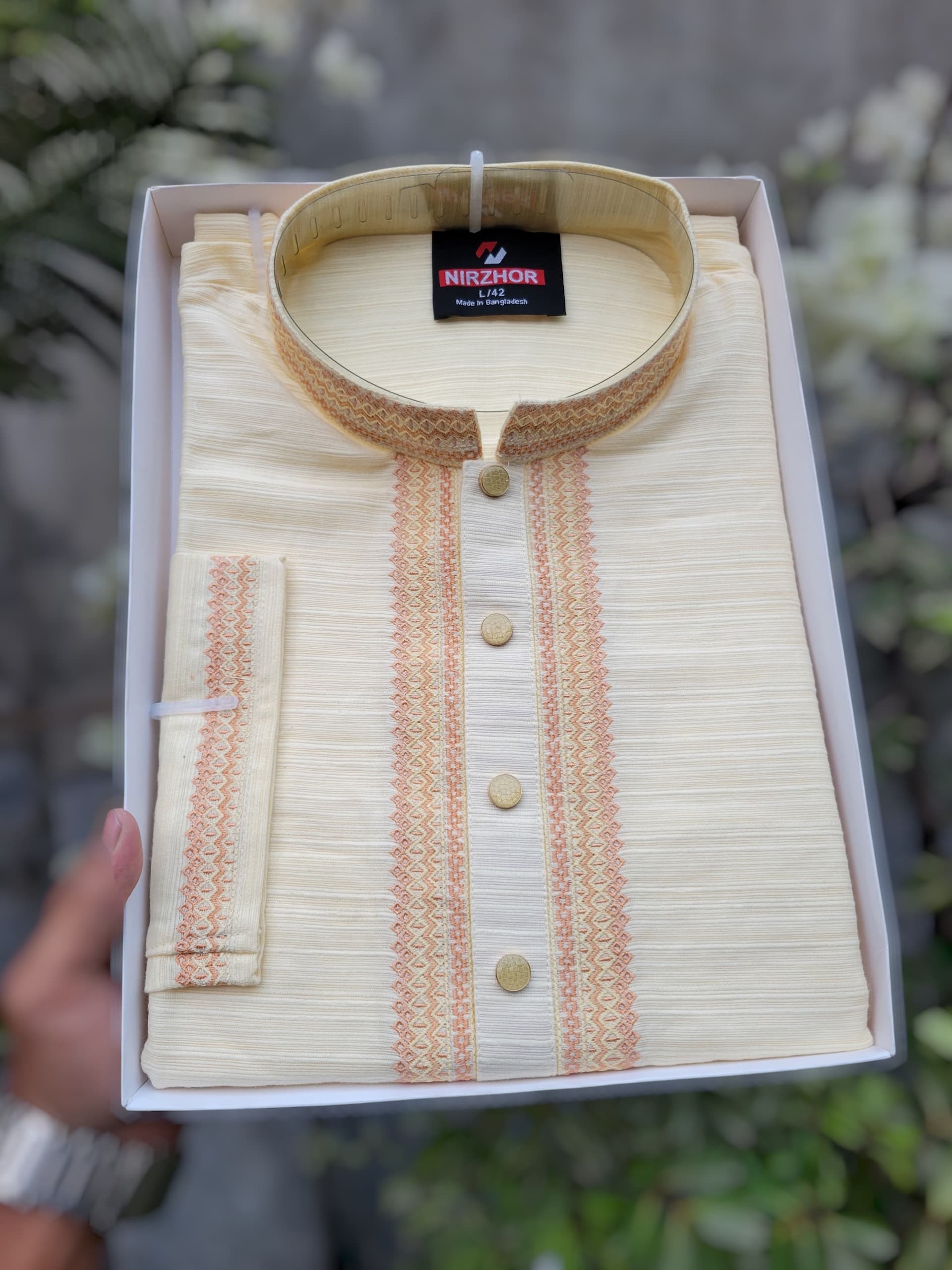 Nirzhor Premium Cream Embroidery Panjabi for Men — Nirzhor
