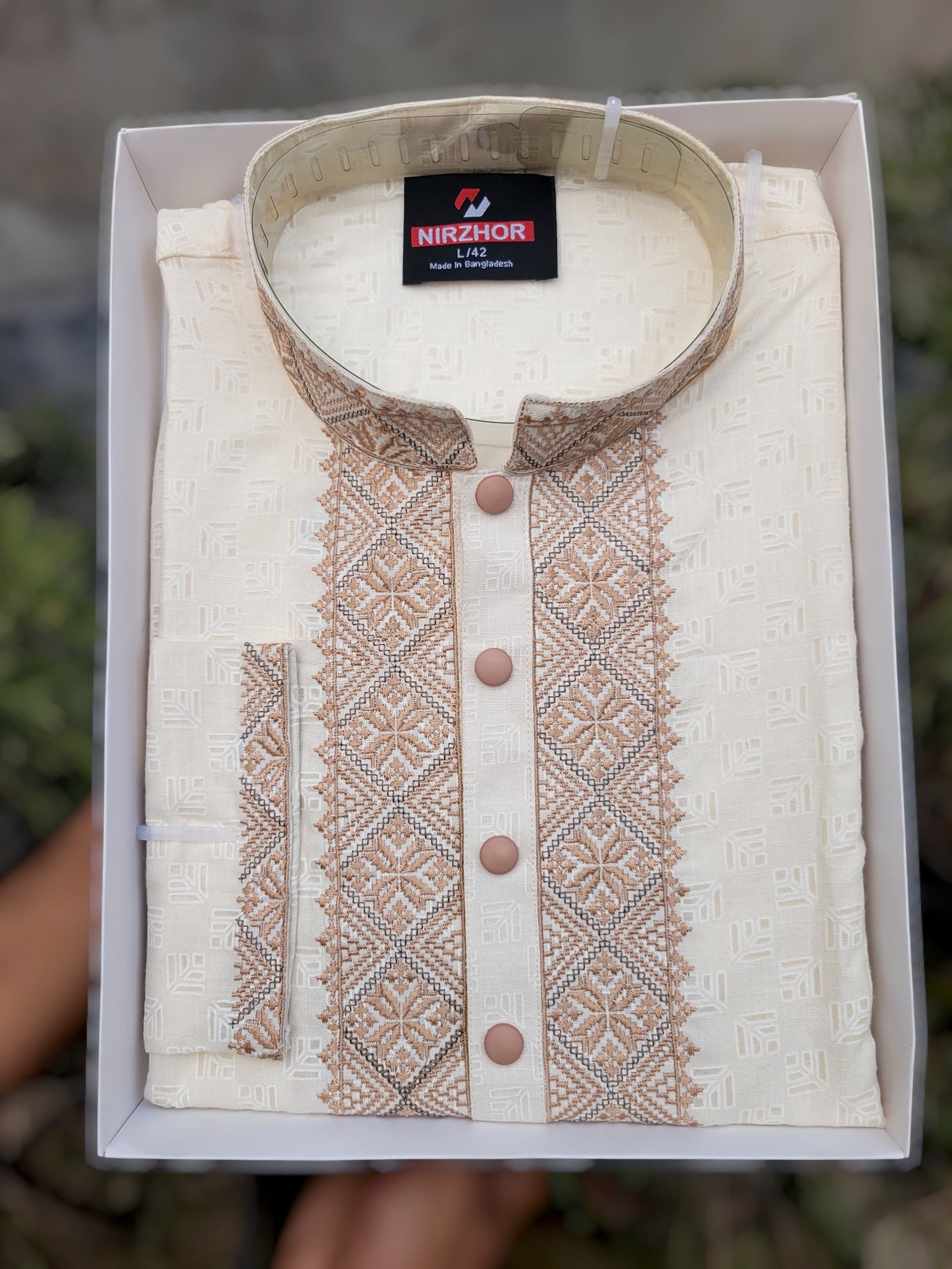 Nirzhor Premium Off White Embroidery Panjabi for Men — Nirzhor