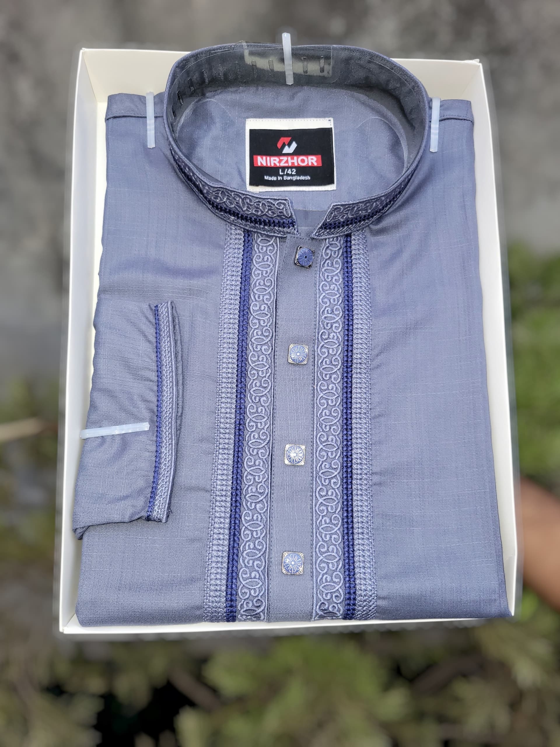 Nirzhor Premium Ash Blue Embroidery Panjabi for Men — Nirzhor